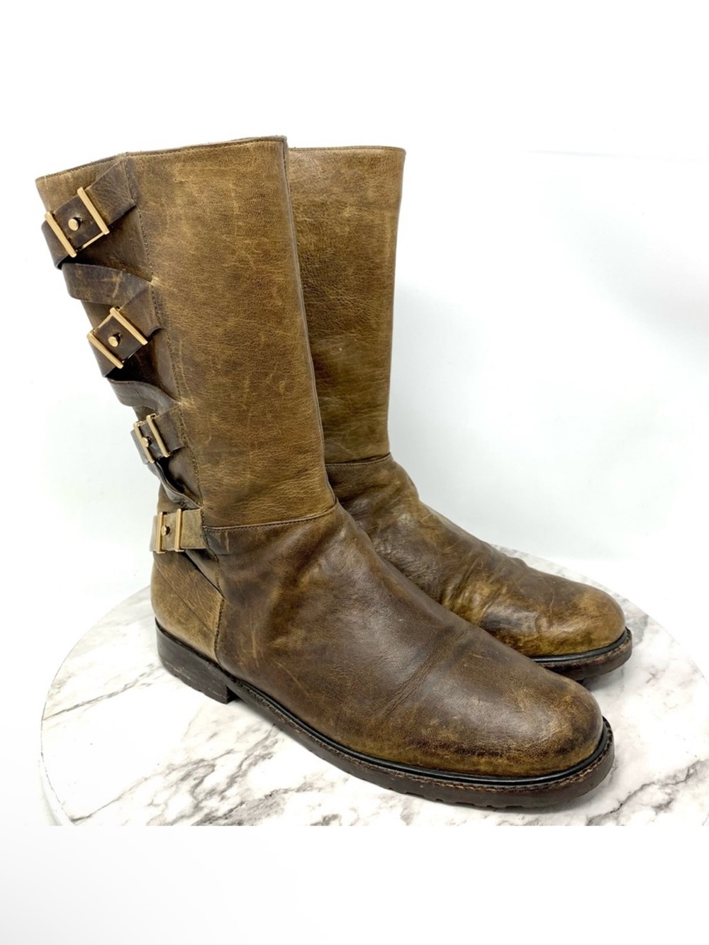 Via Spiga Corset Multistrap Brown Leather Moto Boots 8.5 Edgy Festival Grunge